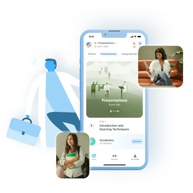 Mô hình điện thoại hiển thị chat học ngôn ngữ được hỗ trợ bởi AI cho người dùng B2B, giúp các công ty cải thiện kỹ năng nhân viên trong các lĩnh vực chuyên môn.